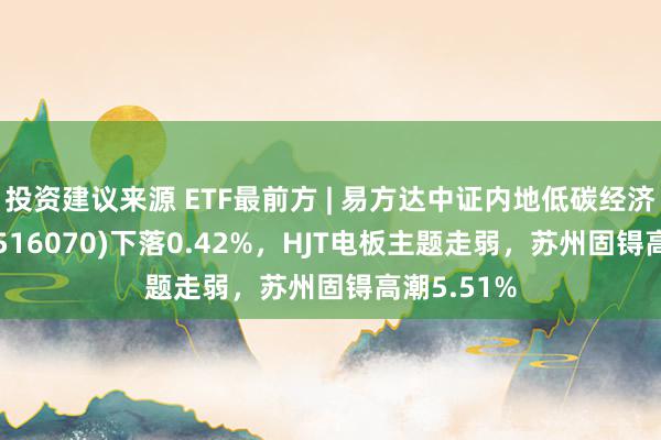 投资建议来源 ETF最前方 | 易方达中证内地低碳经济主题ETF(516070)下落0.42%，HJT电板主题走弱，苏州固锝高潮5.51%