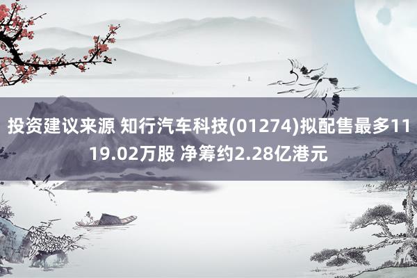 投资建议来源 知行汽车科技(01274)拟配售最多1119.02万股 净筹约2.28亿港元